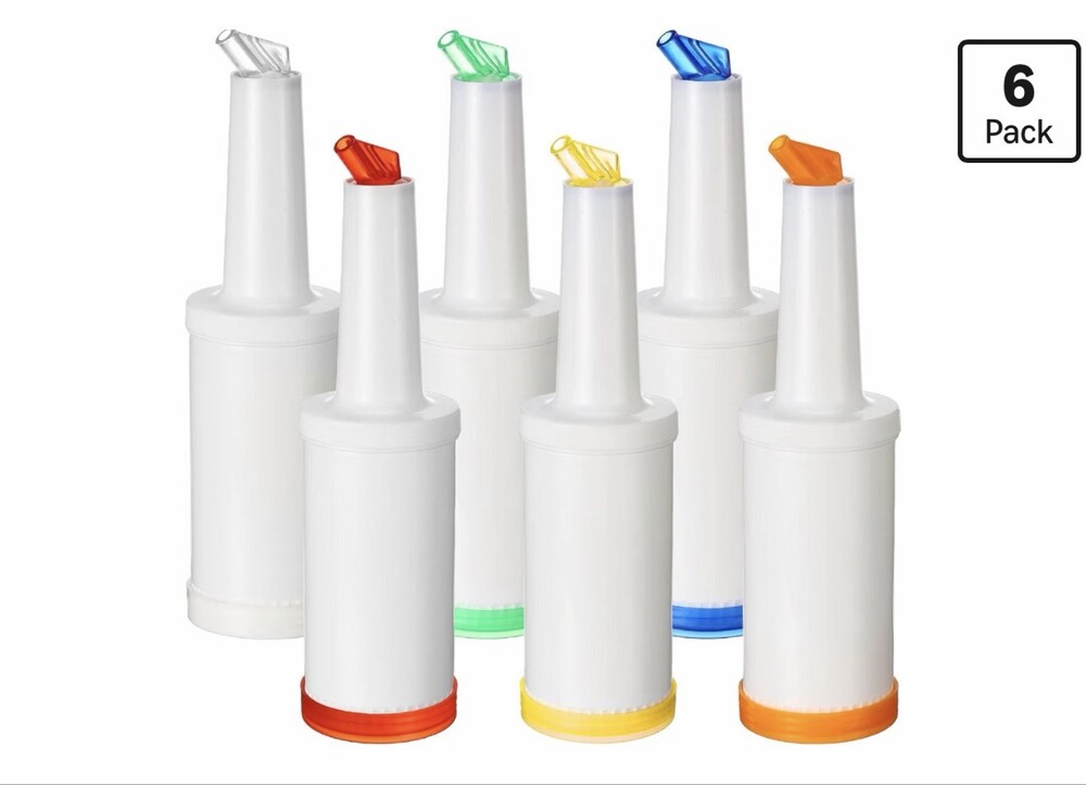6 Pcs Plastic Juice Pour Bottles 34 oz Bar Store and Pour Dispensers